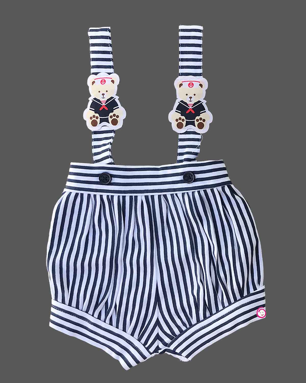 Infant suit with bow tie and striped suspender shorts for baby boys party wear.