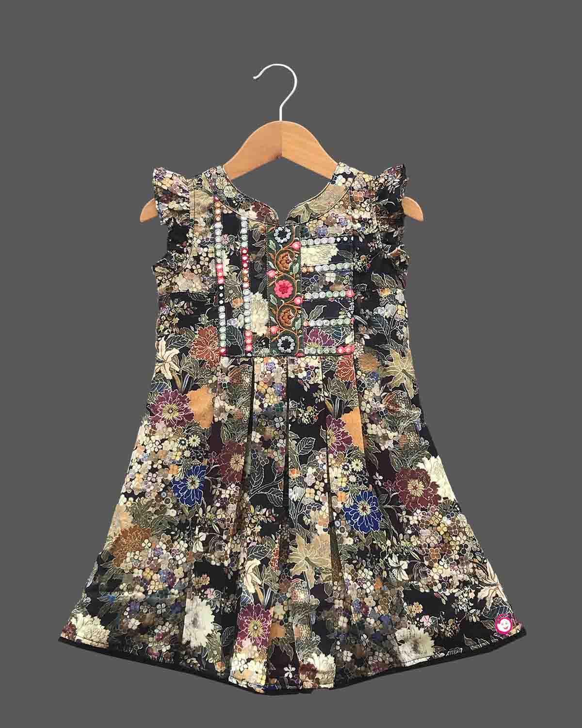 Girls sleeveless flower printed casual frock - Mehendi Green