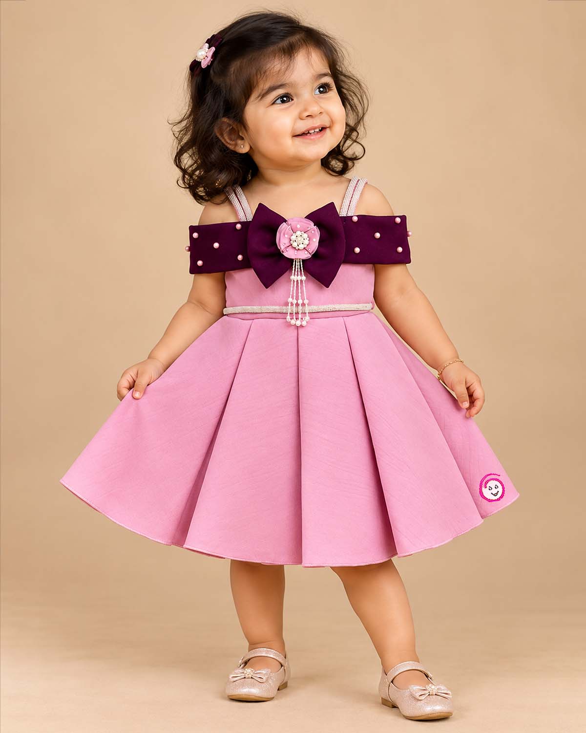 Kids party wear scuba frock with off-shoulder bow detail and pearl embellishments