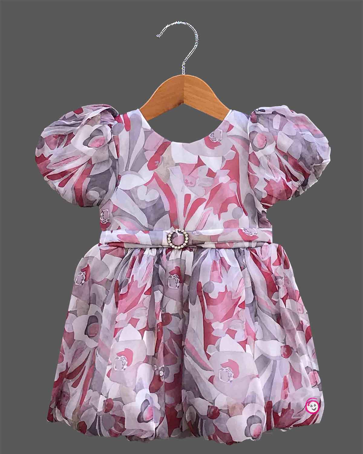 Toddler printed floral casual frock with short puff sleeves and round neck for girls
