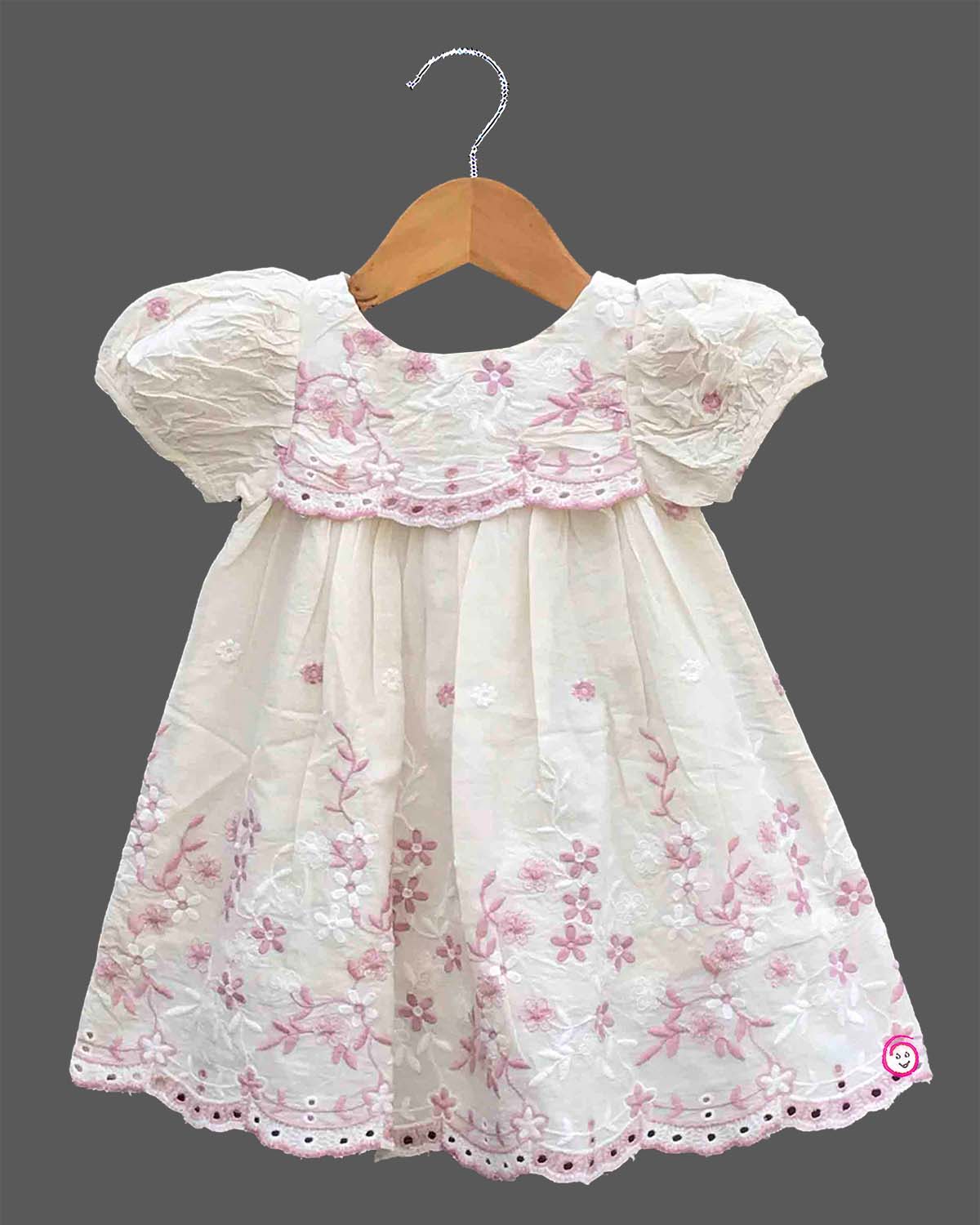 Toddler floral embroidery frock with scalloped hem schiffli design and puff sleeves