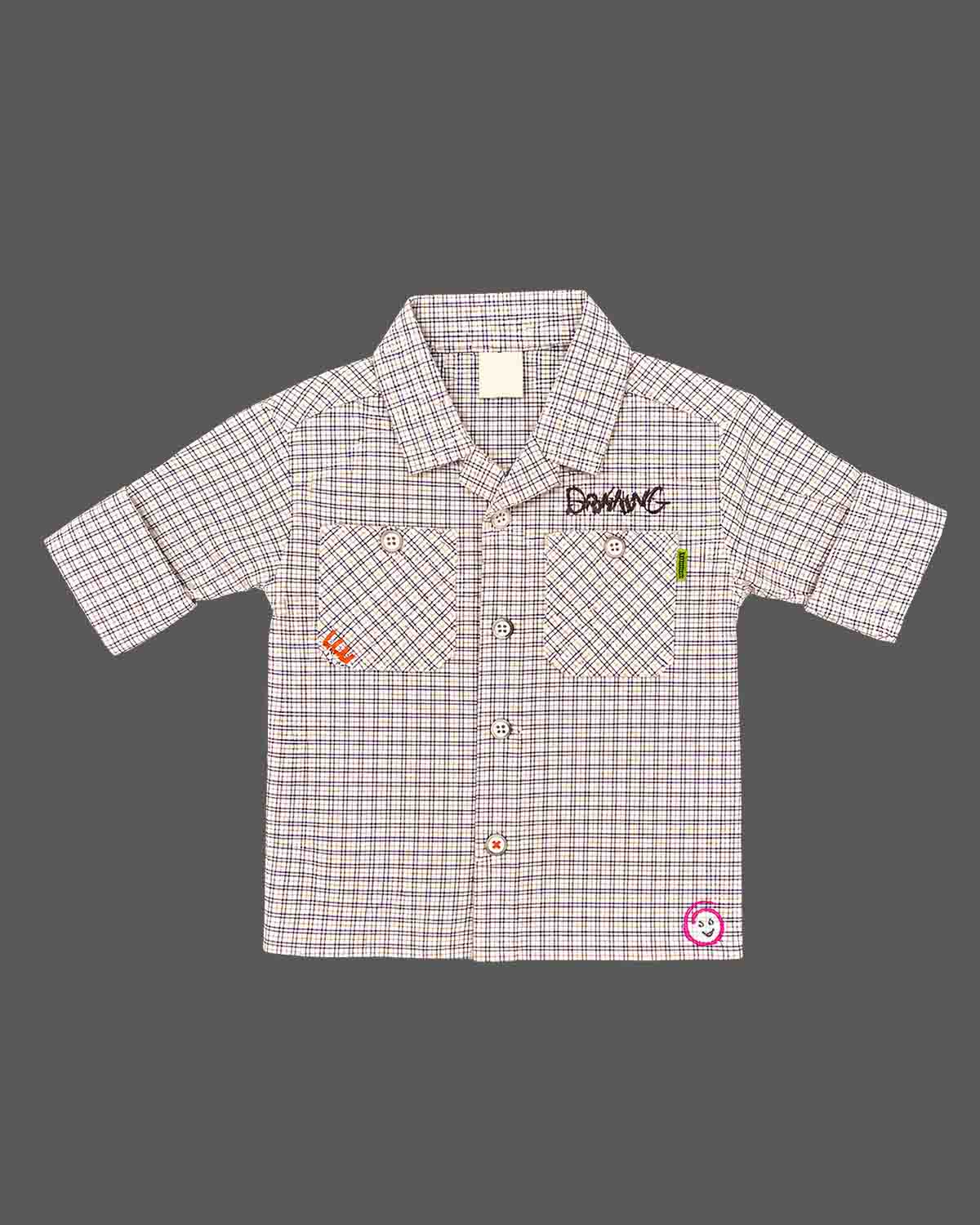 Checkered button down shirt and pant styled as kids western wear with utility flap pockets.