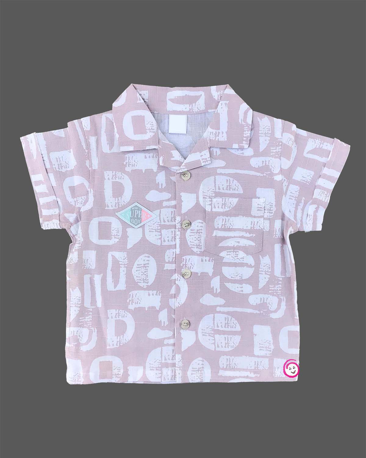 Mauve printed cotton button-down shirt with matching elasticated shorts baby boy top and shorts set for summer vacations, playdates, and park outings