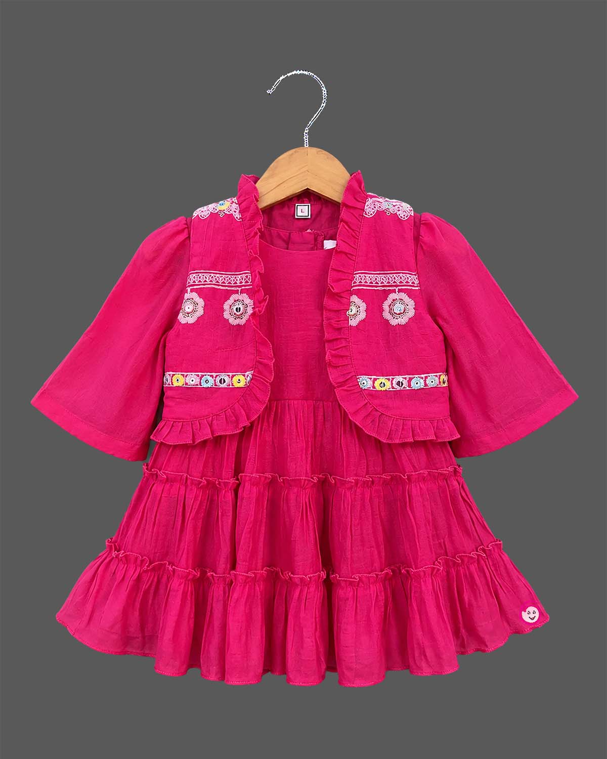 Toddler tiered western frock with embroidered jacket set for girls party wear
