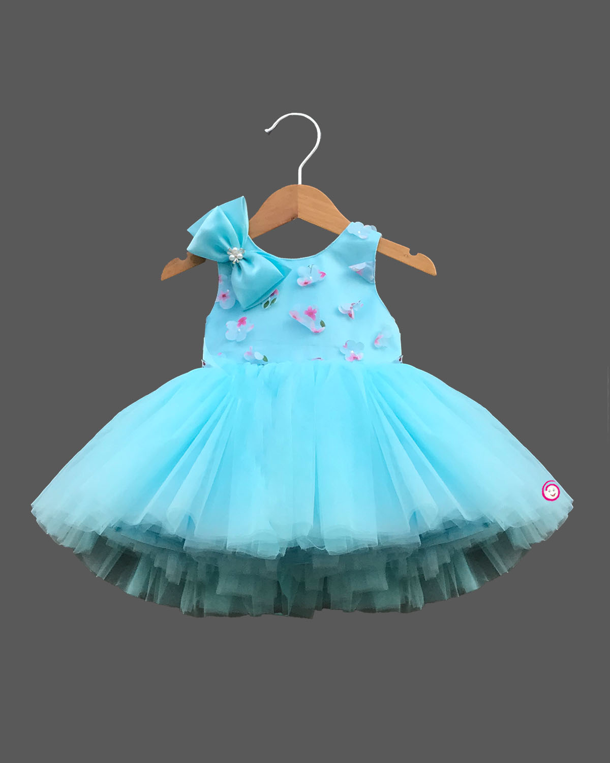 Girls bow applique party frock - Sky Blue