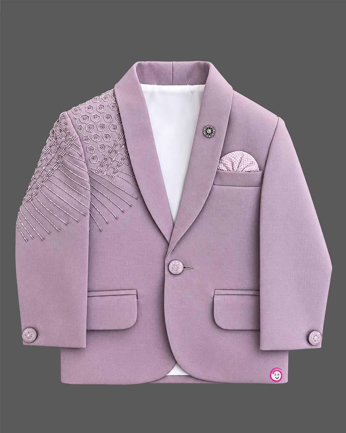 Boys dusty mauve formal suit blazer with shoulder sequin embellishments and tassel fringe, tie, pocket square, paired with elastic waist formal pant