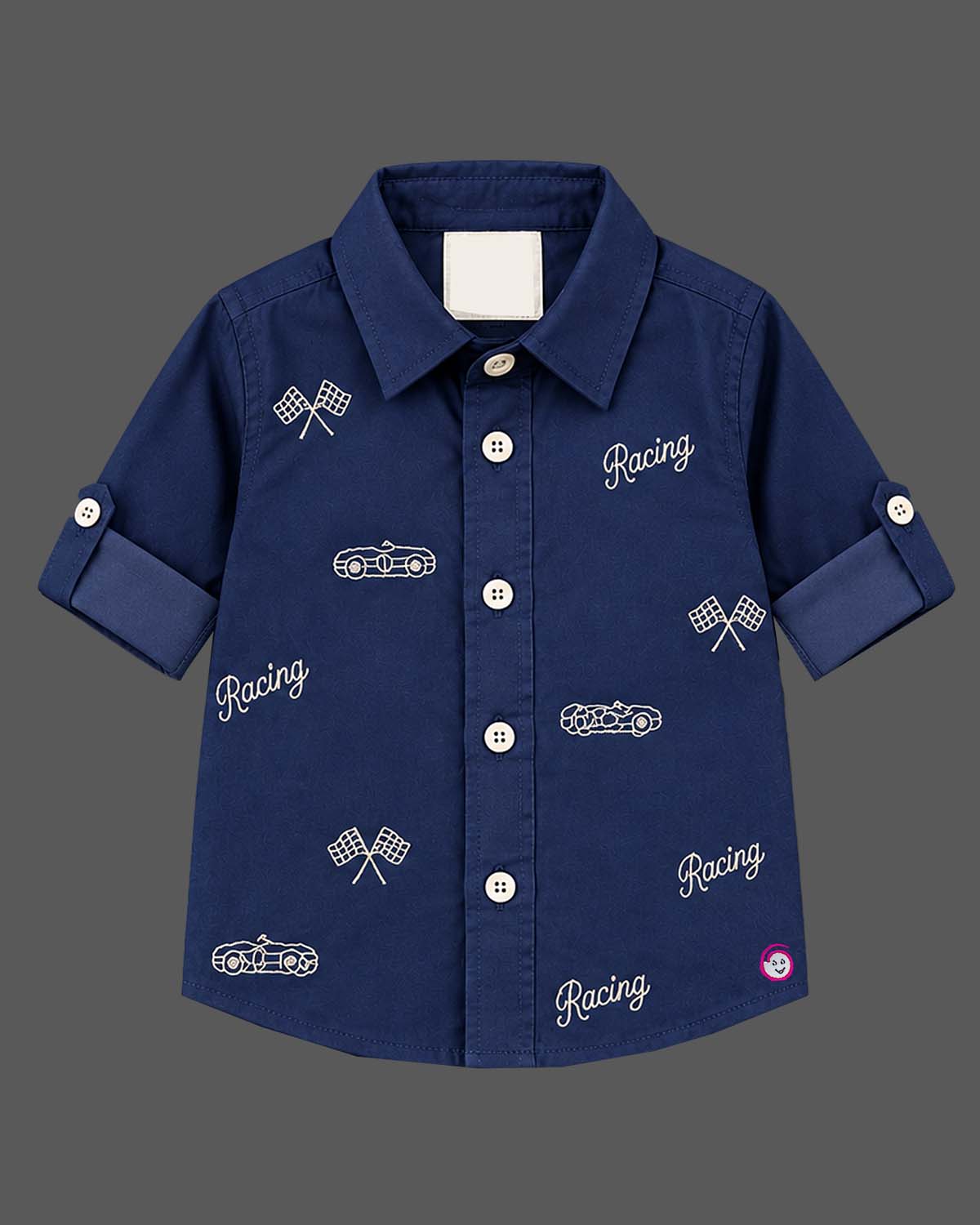 Boys collared button-down shirt and pant set serving as an indo western dress for boys with embroidered motifs.