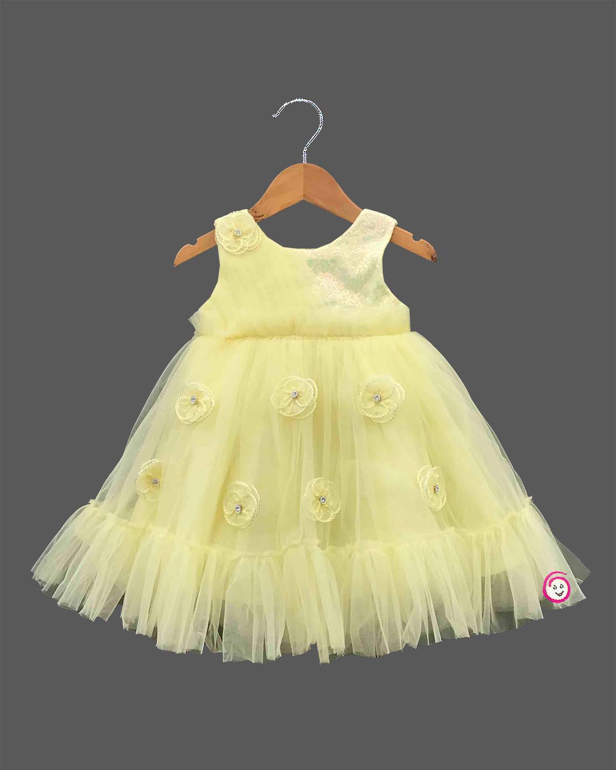 Toddler net party frock with floral appliques and flared sequin bodice for kids party wear