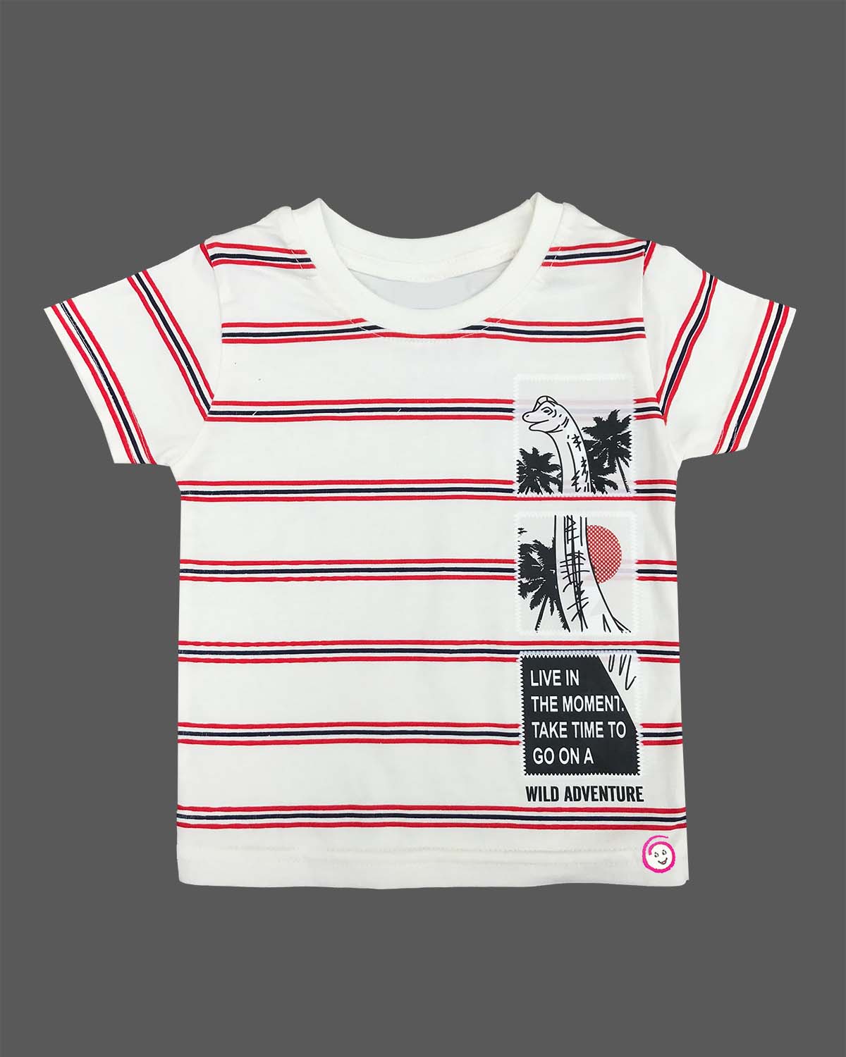 White striped t-shirt with graphic patches and red elasticated shorts baby boy top and shorts set for summer vacations, playdates, and park outings