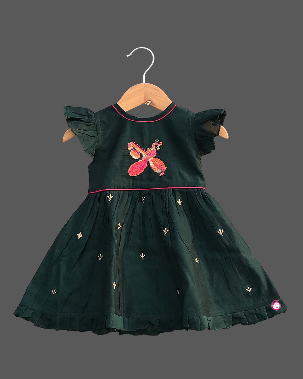 Girls peacock printed traditional frock - Dark Green
