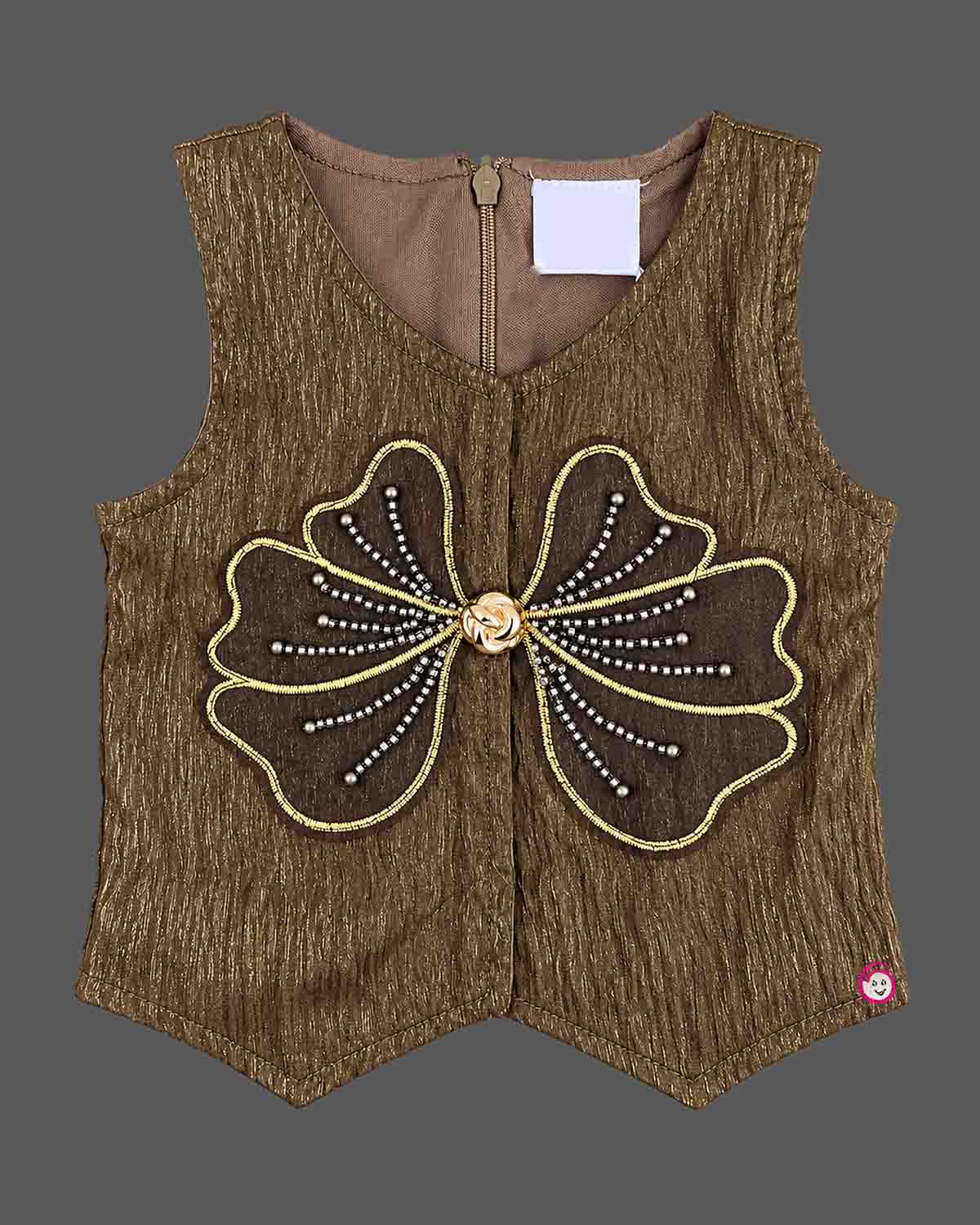 Sleeveless textured top with butterfly applique and wide leg trousers, ideal baby party wear dress for girls.