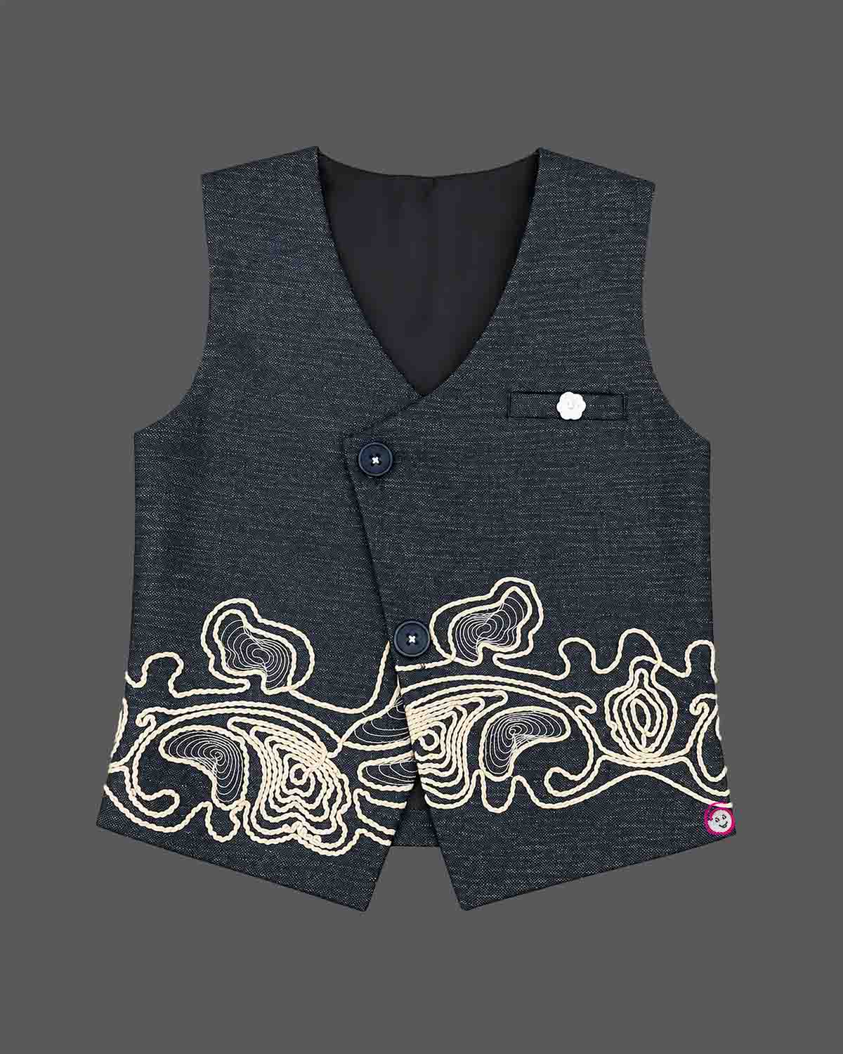 Toddler boy asymmetric embroidered waistcoat set with full-sleeve shirt, bow tie, and trousers.