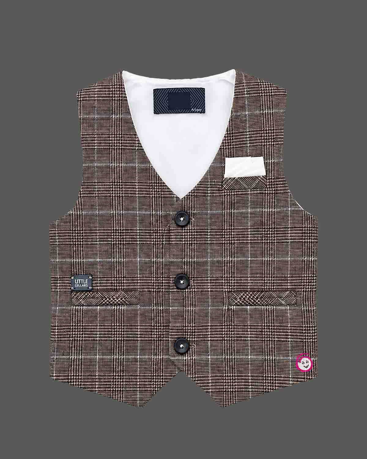 Toddler boys indo western dress for boys featuring structured check waistcoat, crisp shirt, matching pant, and bow tie.