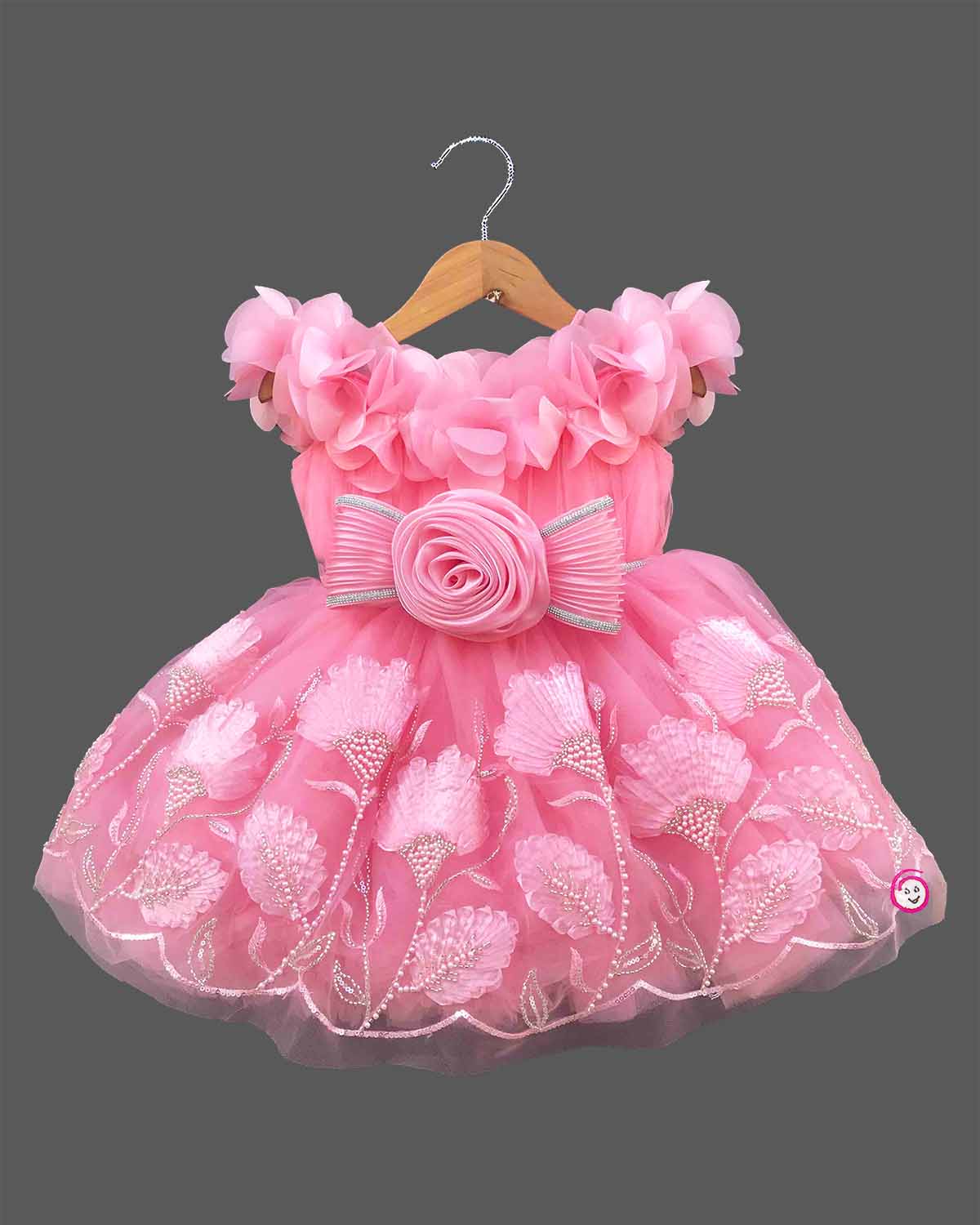 Little princess pink net party frock with 3D flowers and pearl embroidery
