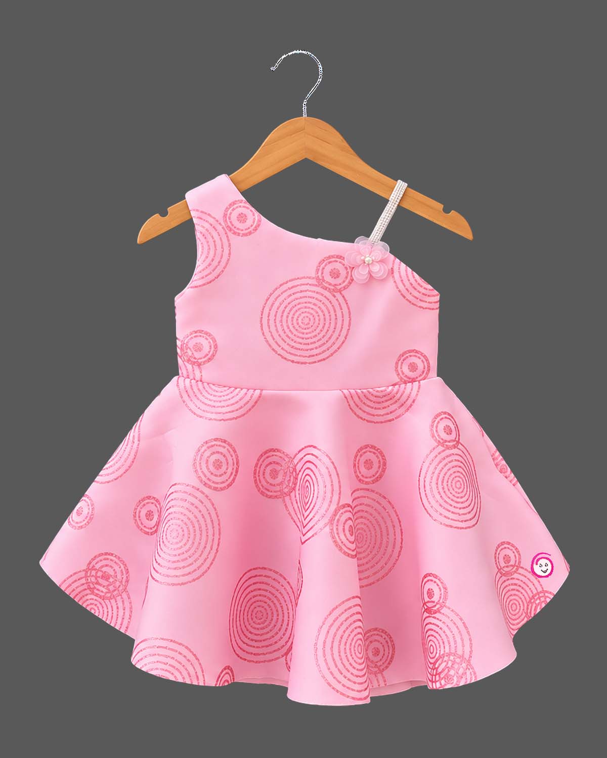 Baby girl silk frocks for baby girl with one shoulder strap and circular print for festive events