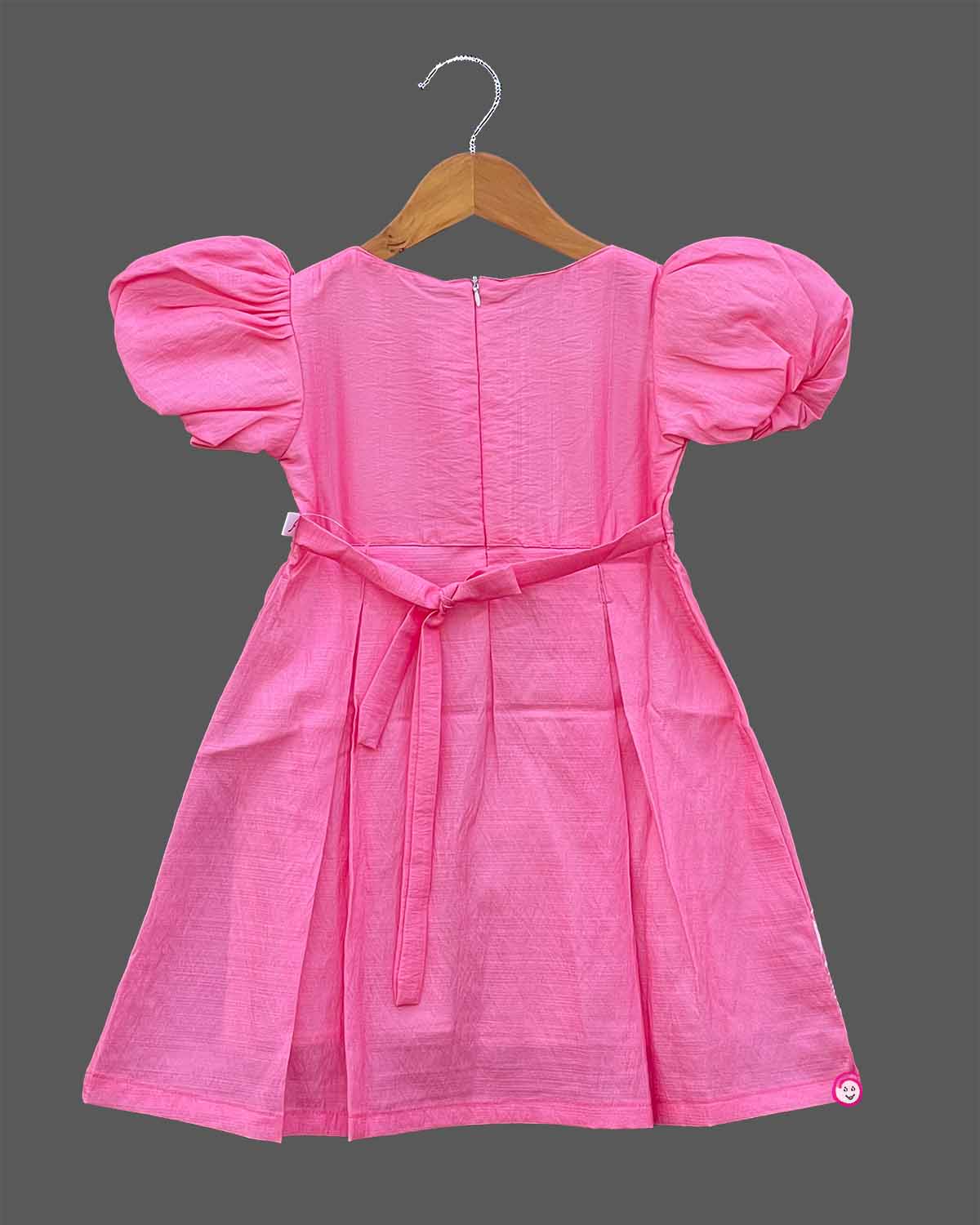 Pink floral cotton dress with puff sleeves for young girls casual wear