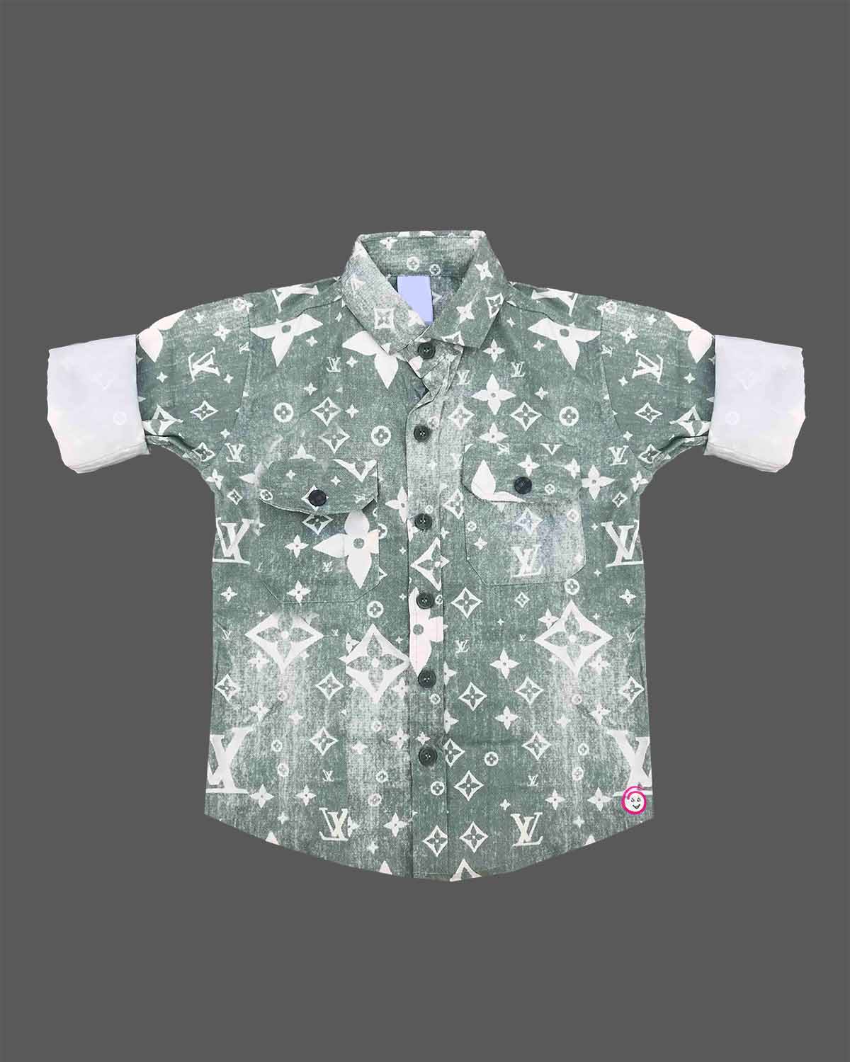 Trendy toddler boys casual chambray button-down shirt featuring an all-over monogram print and dual front chest pockets.