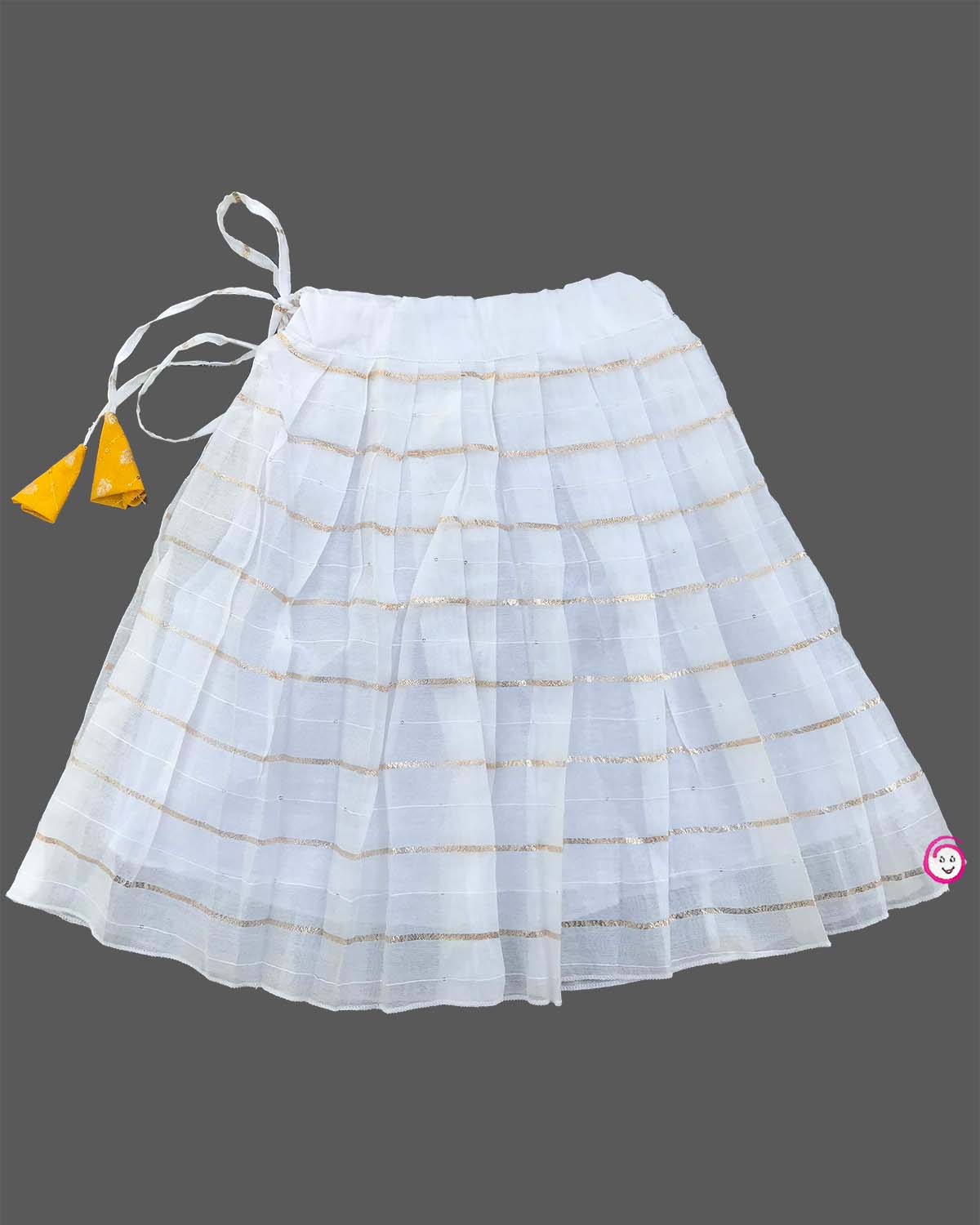 Little one wearing flower applique choli blouse with striped pleated lehenga skirt for festive celebrations