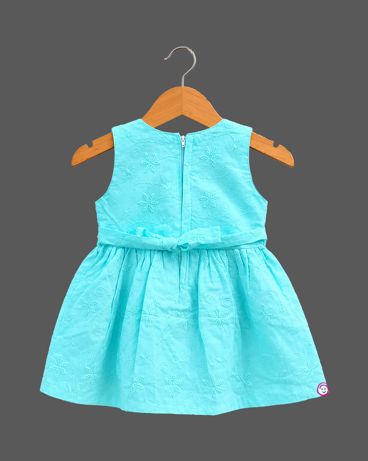 Sleeveless cotton embroidered baby casual wear dress with waist belt detail