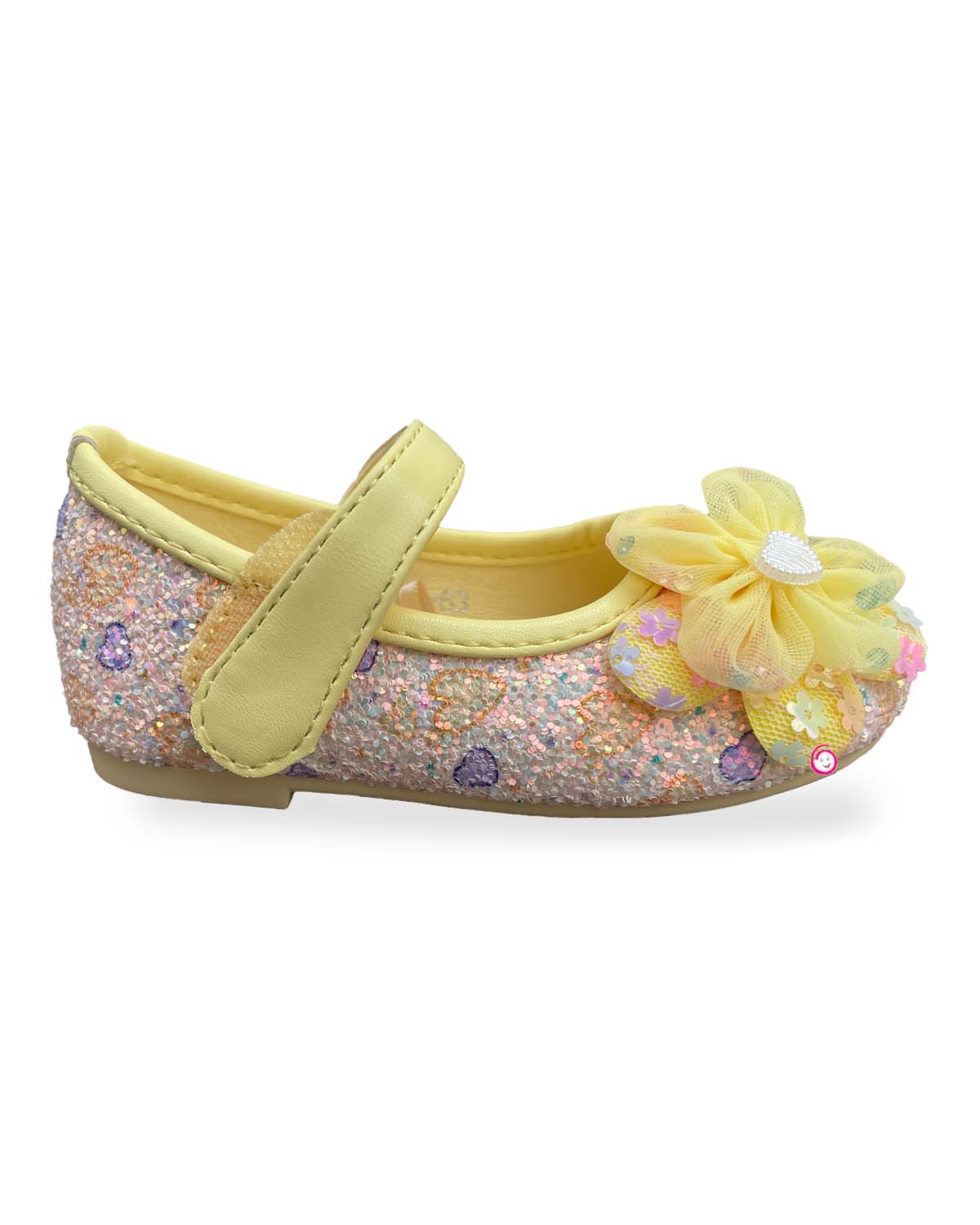 Girls floral applique & Velcro closure party shoe - Light Yellow