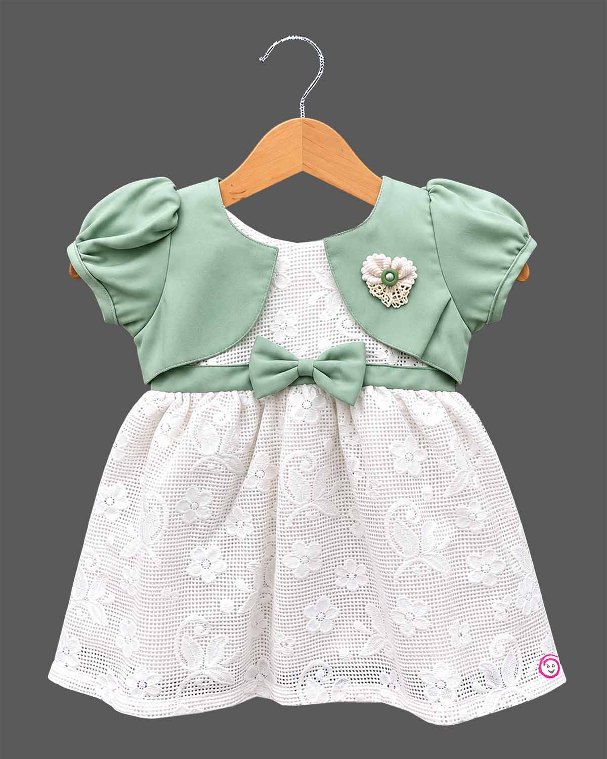 Baby girl casual gown frock with attached jacket layer lace design bow detail and floral brooch