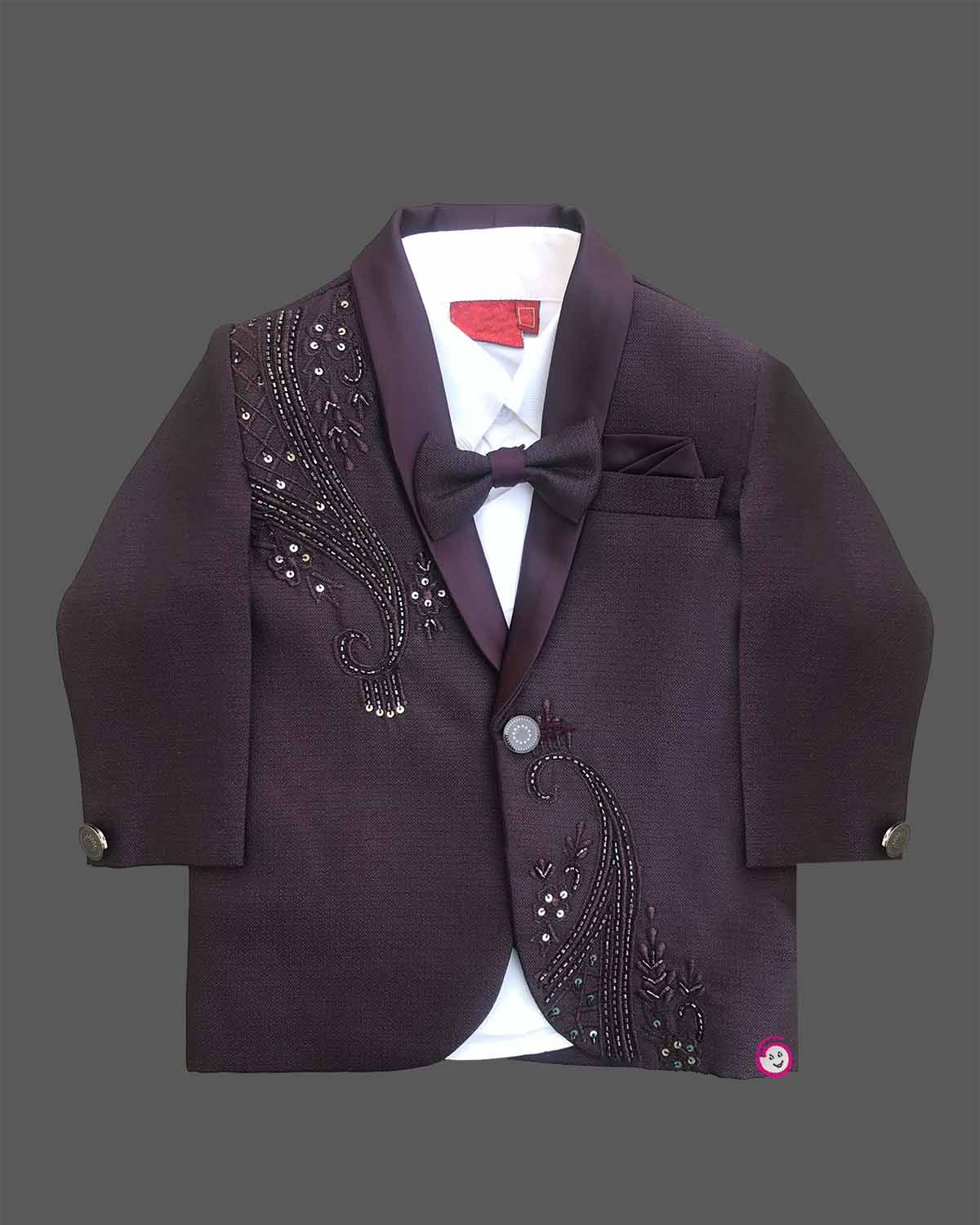 Boys deep formal tuxedo blazer with sequin embellishments, satin, bow tie, paired with elastic waist formal pant