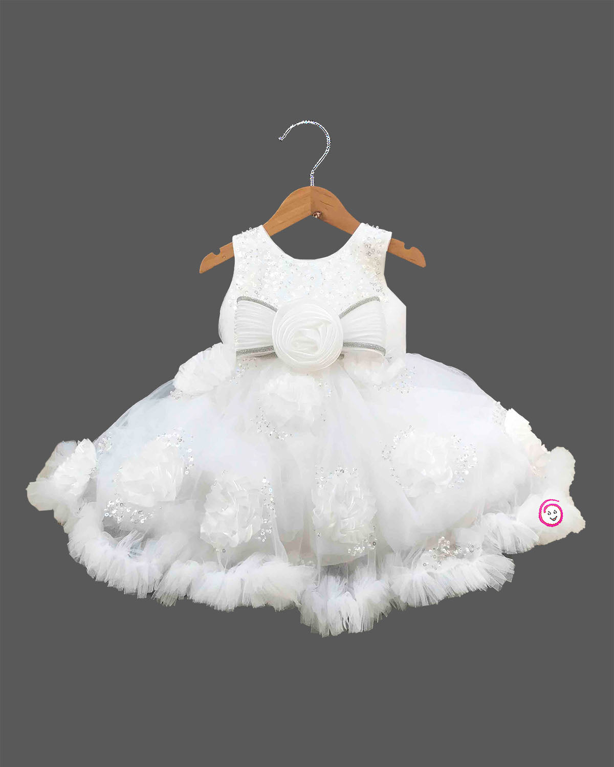 Toddler white net party gown with sequin bodice and bow applique