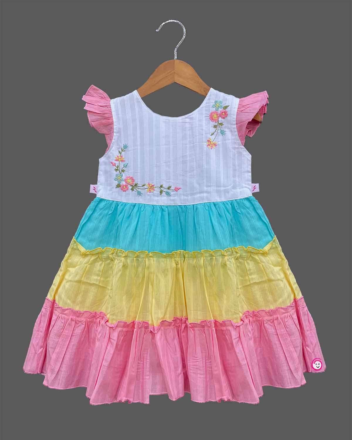 Multicolor pastel tiered cotton frock with flutter sleeves and bodice floral embroidery for girls