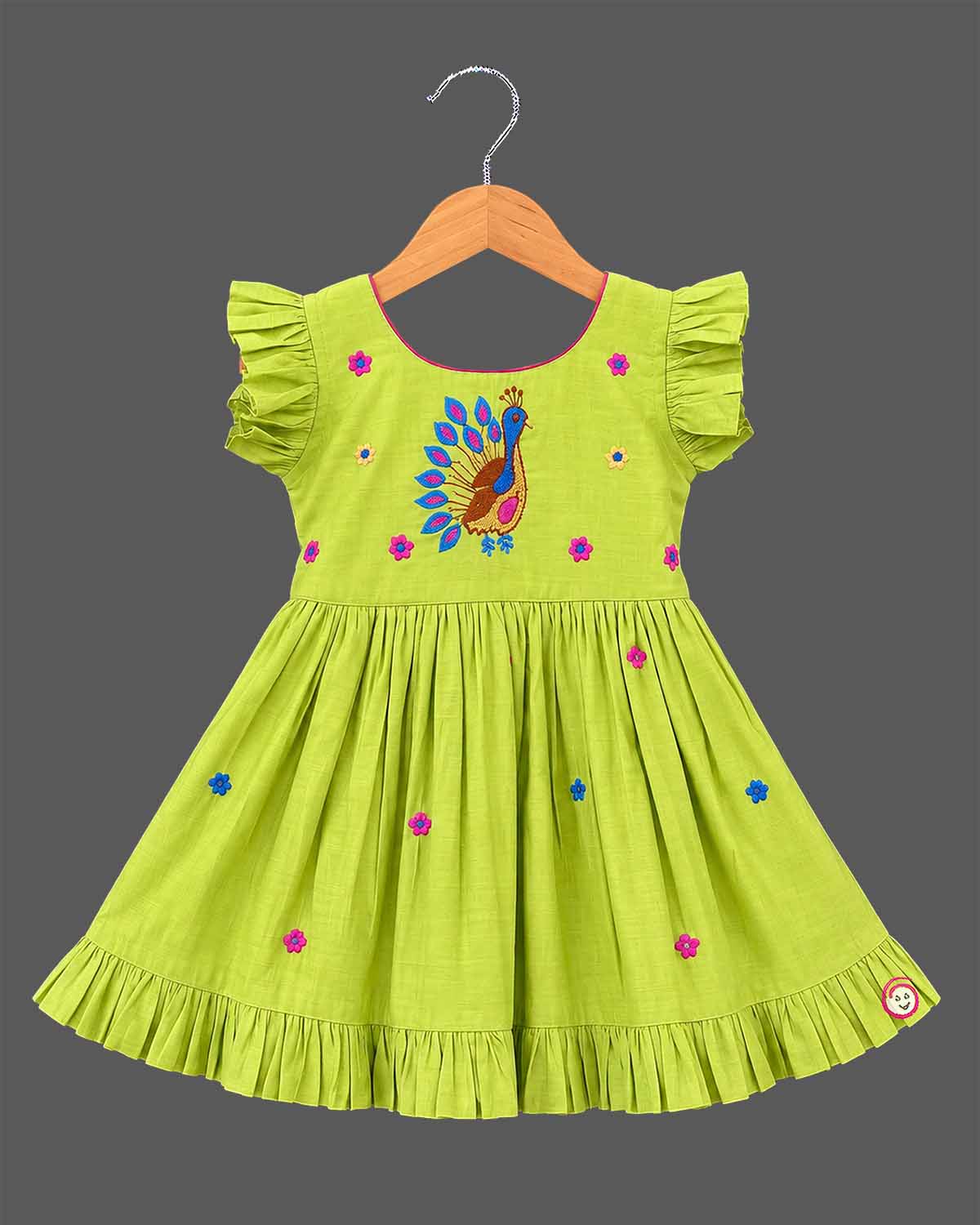 Little princess embroidered silk cotton frock with peacock motif for festive wear