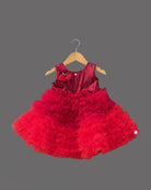 Girls fully ruffled sleeveless party frock - Red