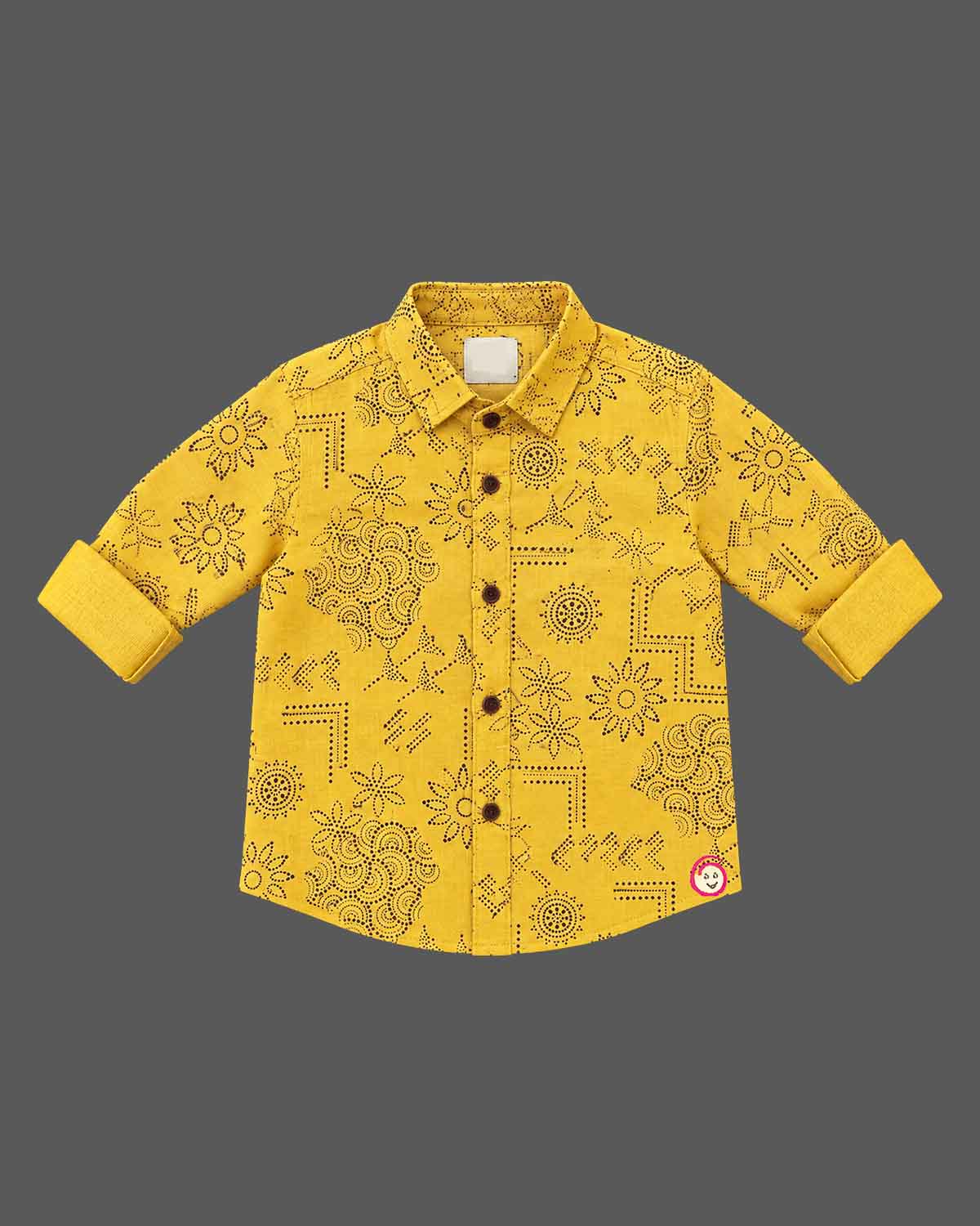 Printed button-down shirt party wear for boys with cuffed sleeves and spread collar.