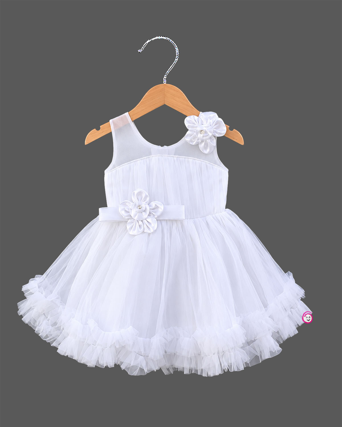 Girls tulle tiered fit and flare frock with floral applique waist belt and ruffle hem