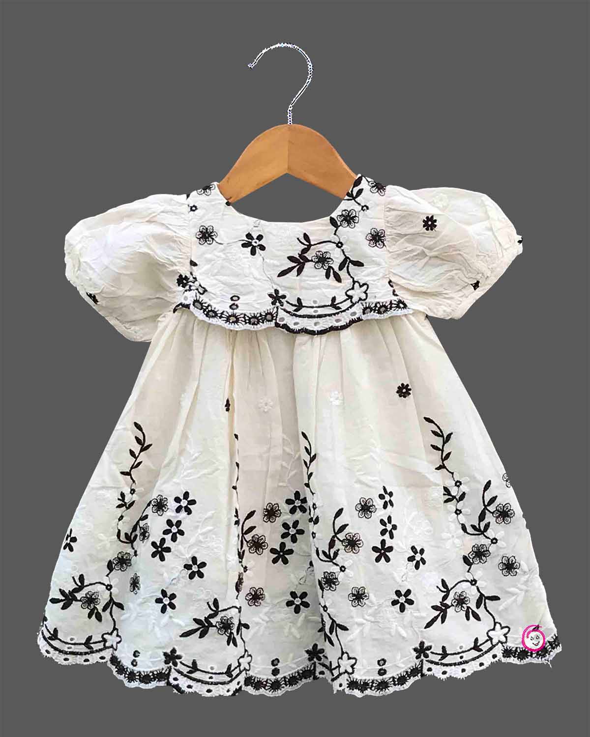 Baby girl floral embroidered casual cotton frock with puff sleeves