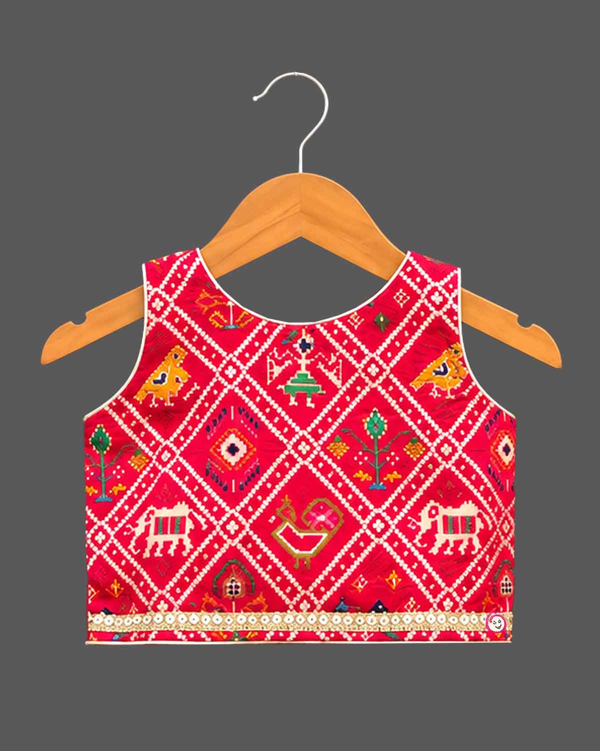 Girls patola print sleeveless choli with pleated mirror work skirt, lehenga choli for kids