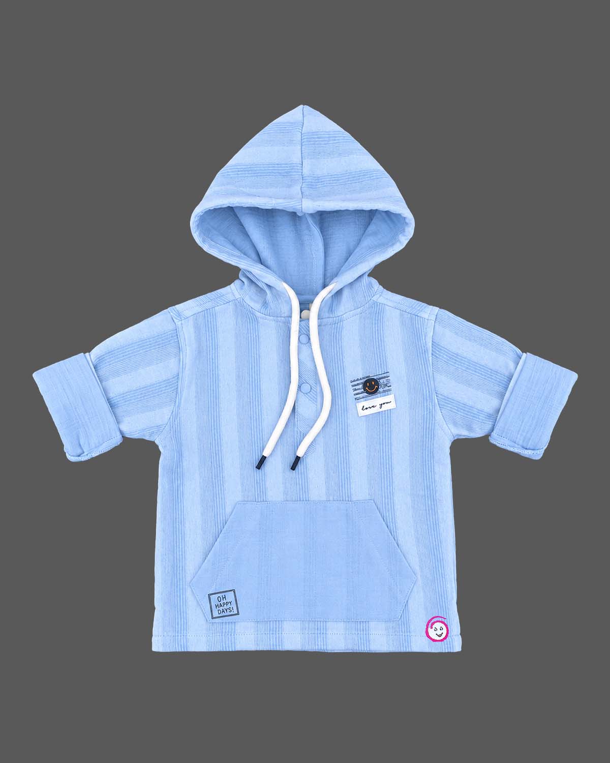 Hooded striped pullover top with drawstring cargo trousers set designed for party wear for boys.