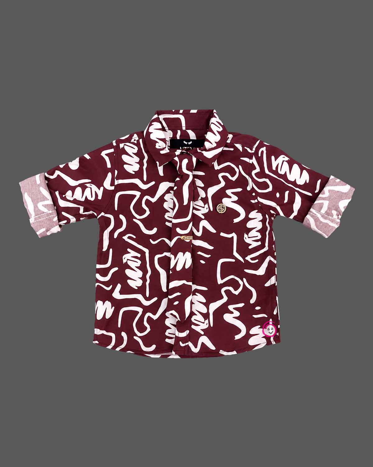 Abstract printed short sleeve shirt and tailored trousers party wear for boys set with elastic waist.