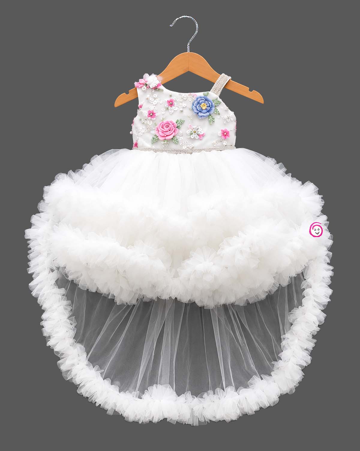 Baby party wear dress featuring floral bodice with tiered ruffle tulle skirt and train
