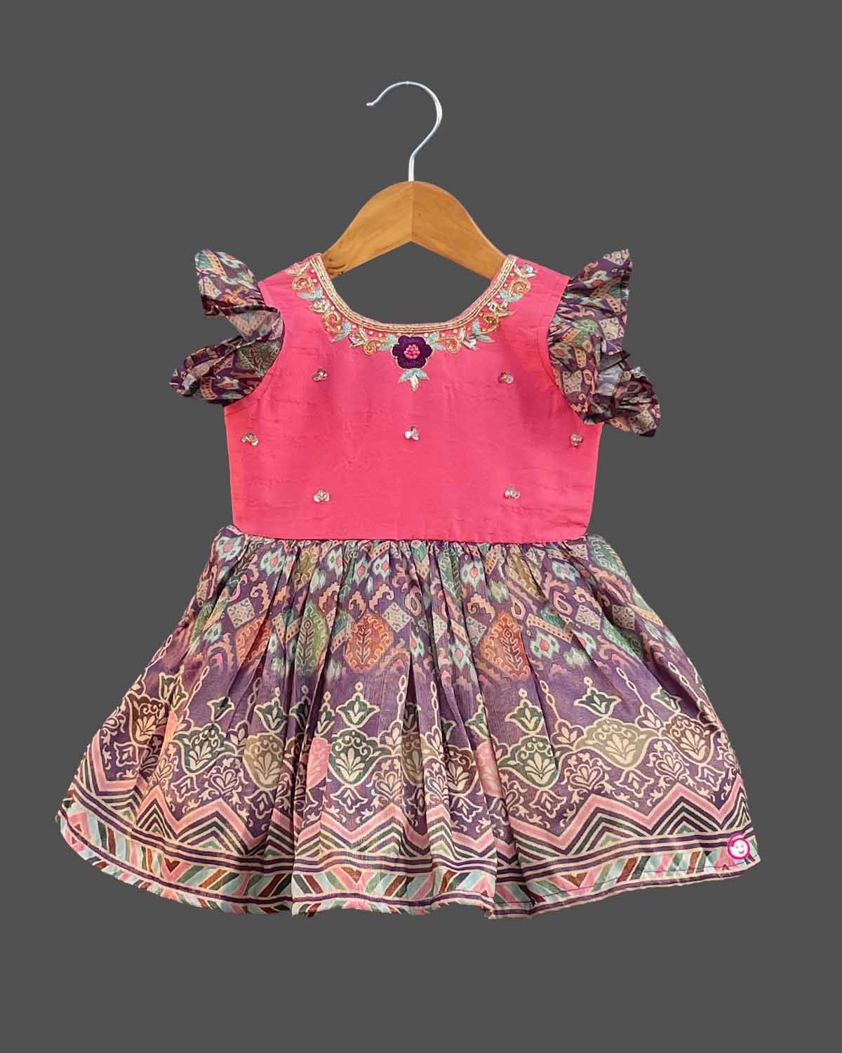 Girls frill sleeve with traditional frock - Rose Pink
