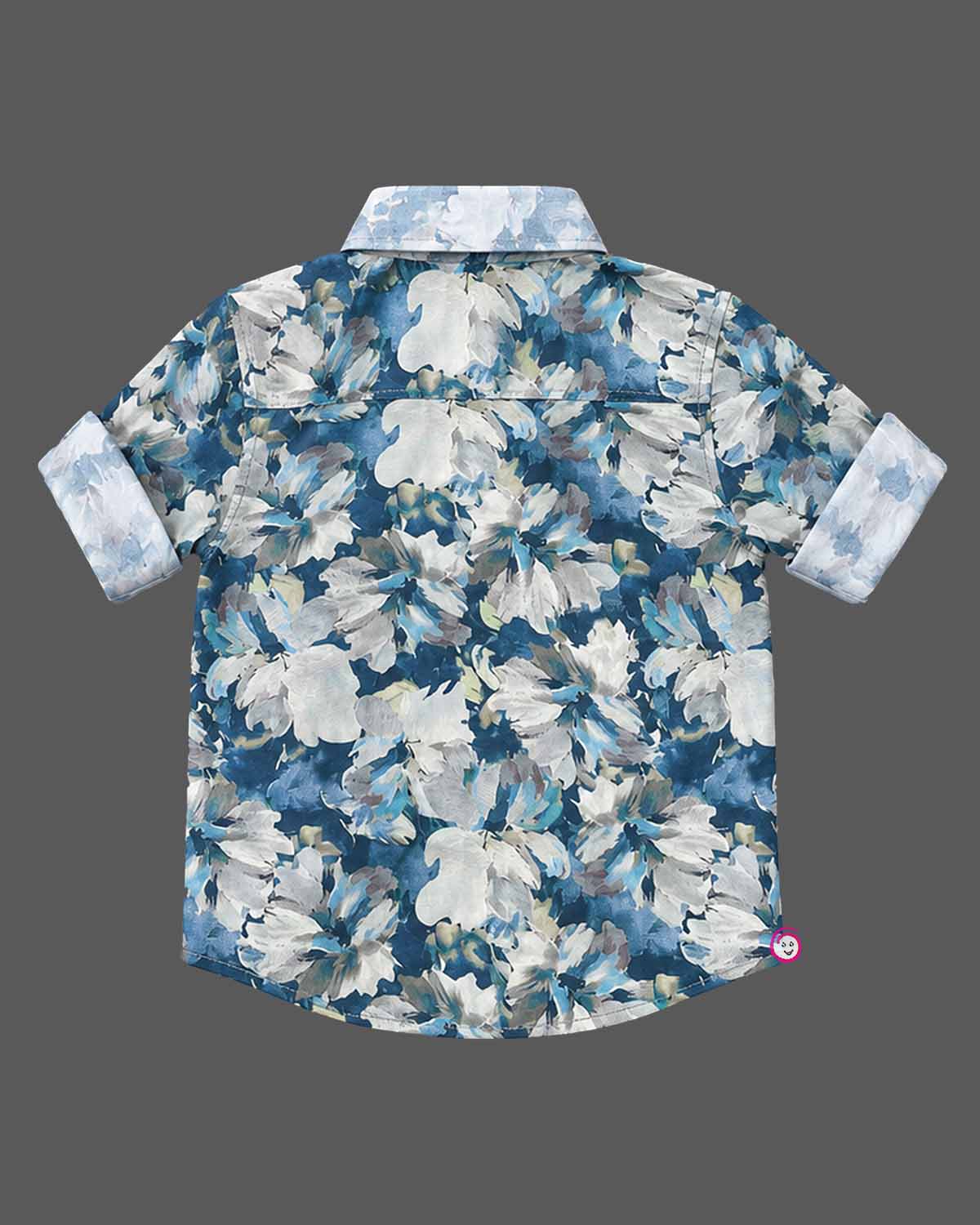 Boys party wear floral printed shirt with spread collar and roll-up sleeves for kids event celebrations.