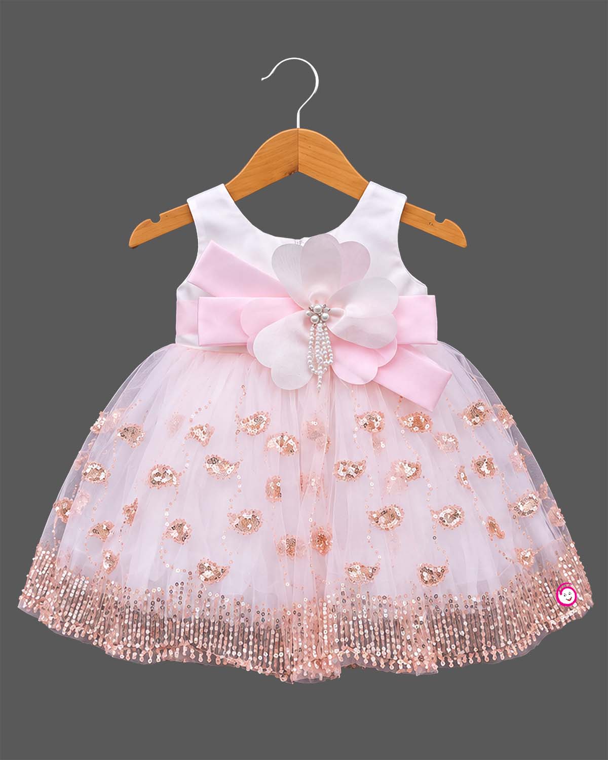 Sleeveless party frock with flower appliques, sequin motifs, and flared tulle skirt