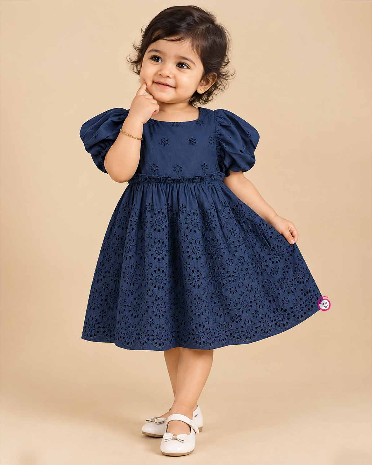 Toddler cotton embroidered casual frock with puff sleeves for kids playdate