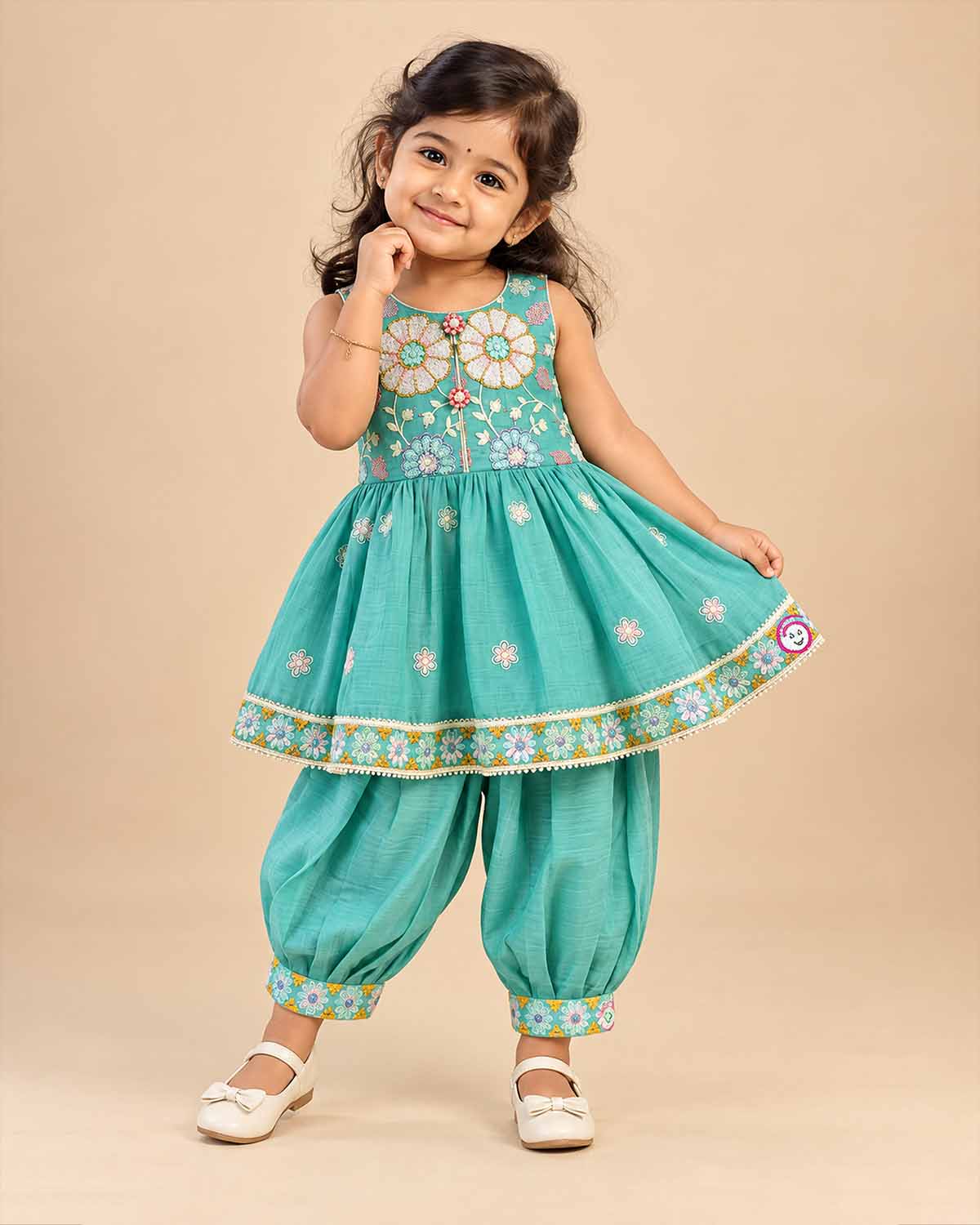Baby girl ethnic floral embroidered sleeveless short kurti with pleated dhoti pants traditional outfit