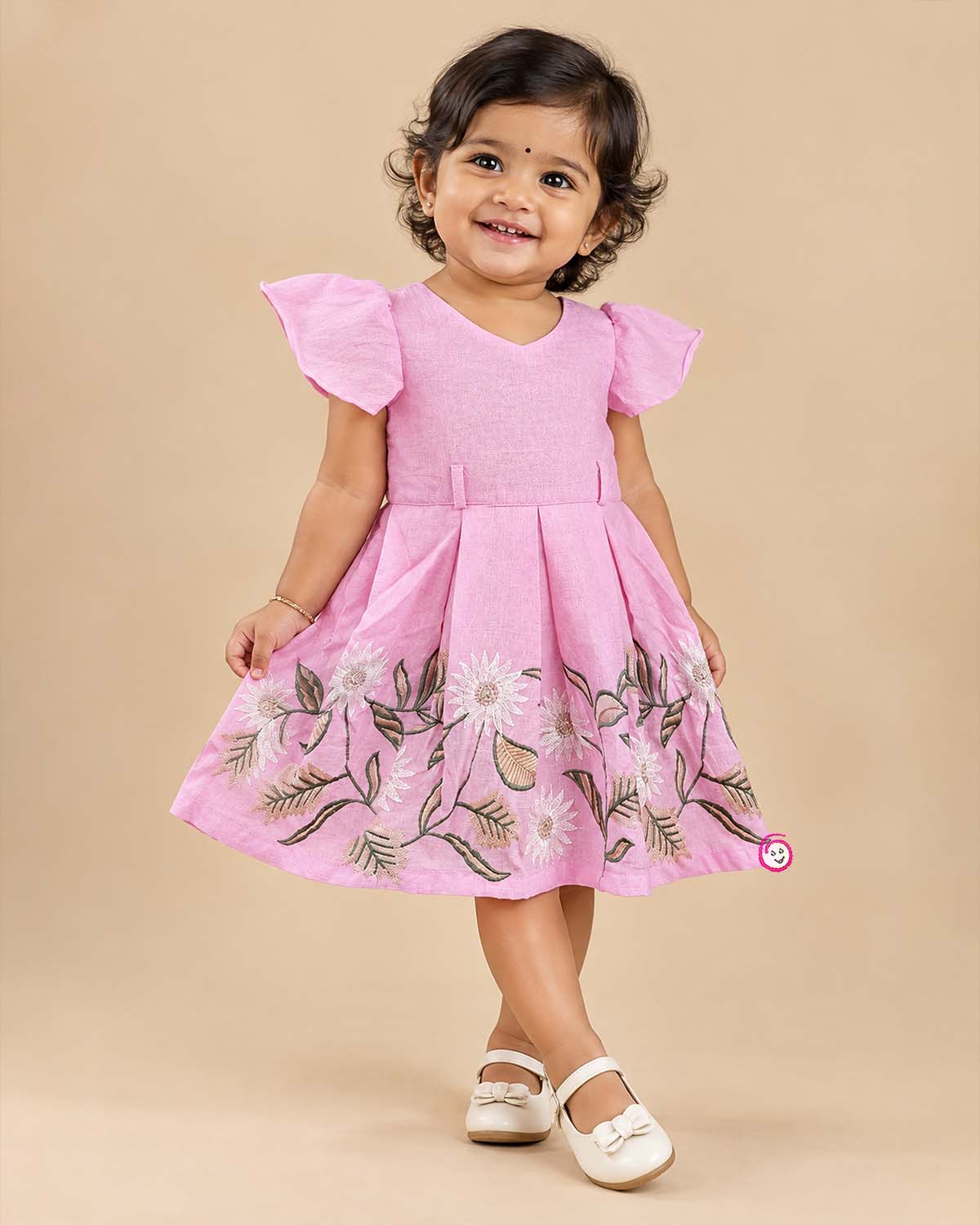 Pink cotton linen embroidered infant casual frock with butterfly sleeve