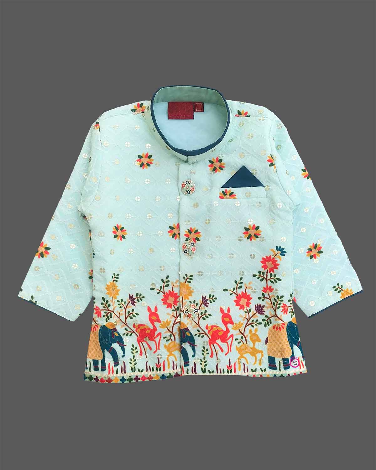 Boys light blue ethnic silk sherwani with vibrant elephant and deer motifs, mandarin collar, pocket square, paired with blue elastic waist pant