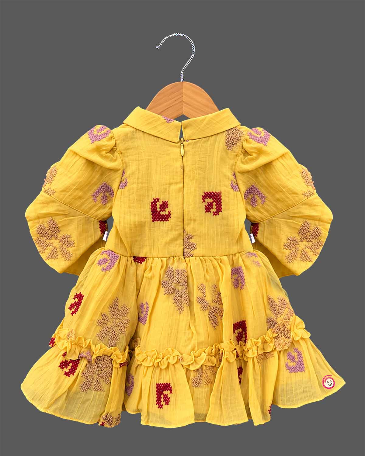 Baby Girl Cotton Frock with Bell Sleeves and Embroidered Floral Motifs for Casual Wear