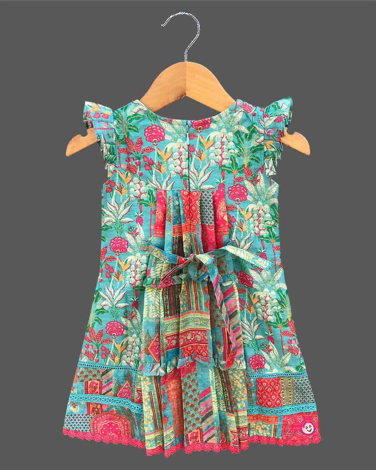 Toddler printed cotton frock with frill sleeve and lace trimming for casual outing and birthday party