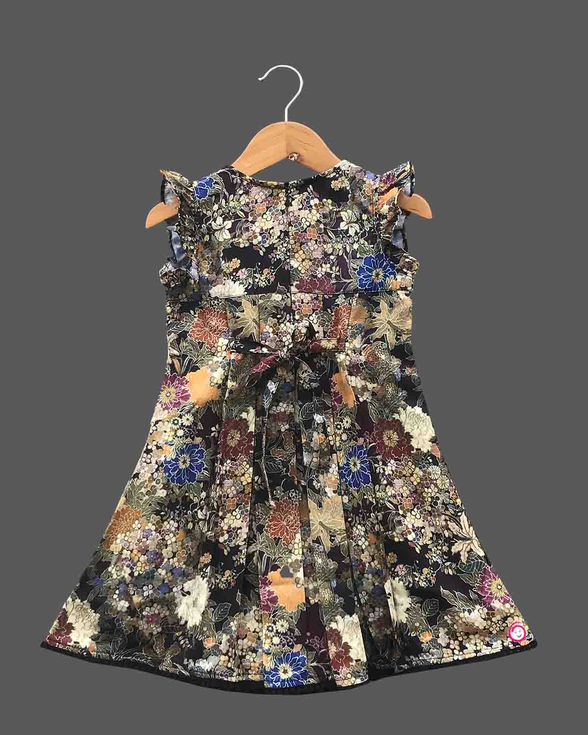 Girls sleeveless flower printed casual frock - Mehendi Green