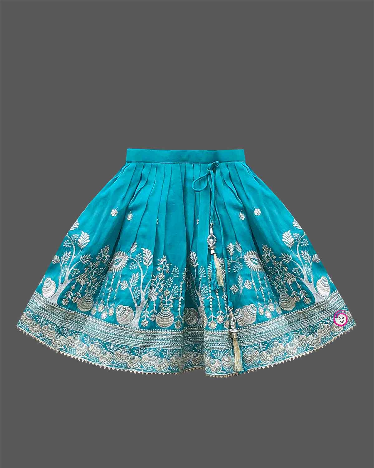 Toddler girls embroidered art silk sleeveless choli blouse flared lehenga skirt set with matching dupatta