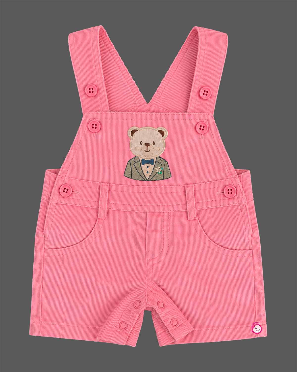 Baby boy pink dungaree shorts with printed teddy bear t-shirt set