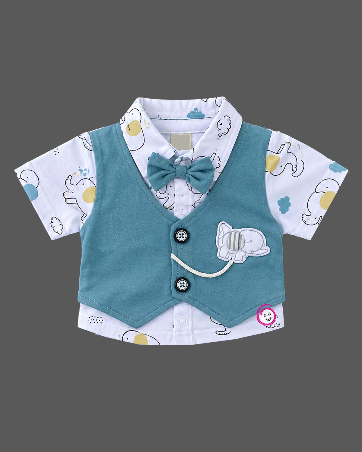 Toddler boy ethnic wear layered vest shirt and shorts set with bow tie and elephant print